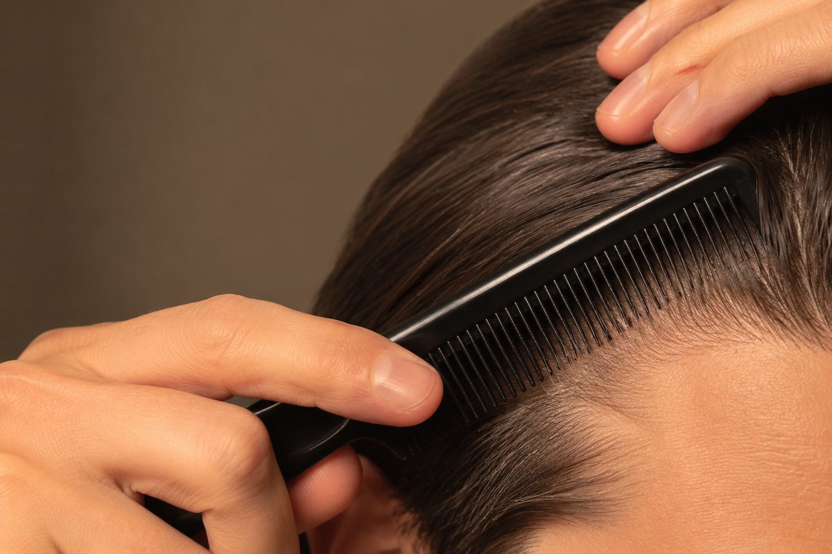 Tangan memegang sikat tanpa jenama pada pelipis, hanya tangan dan rambut